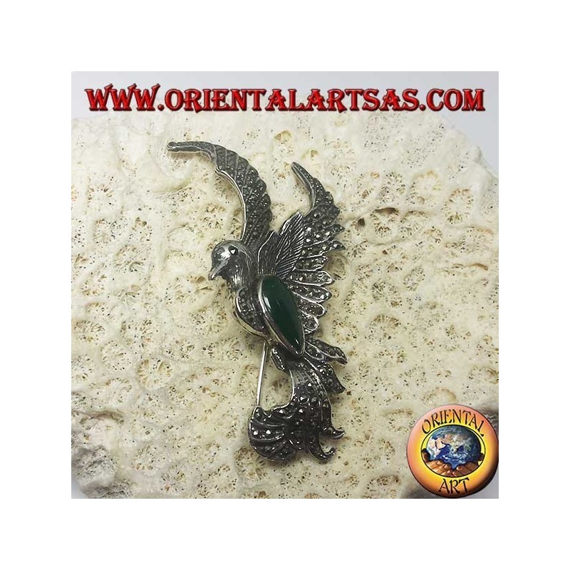 Silver brooch of the phoenix with green agate and marcasites