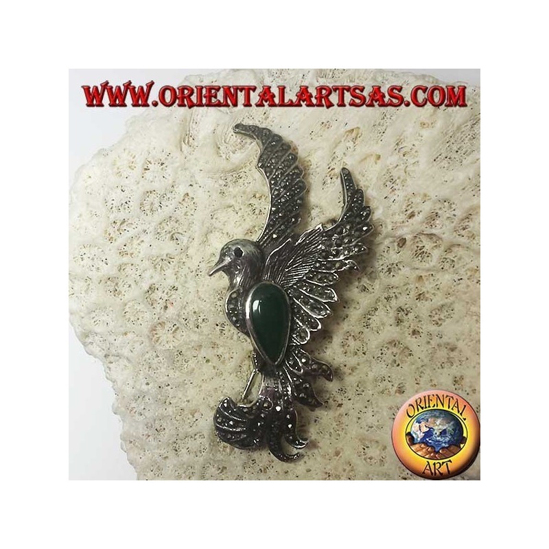 Silver brooch of the phoenix with green agate and marcasites