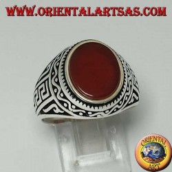 Silver ring with flat oval carnelian with Greek on the sides of the ring