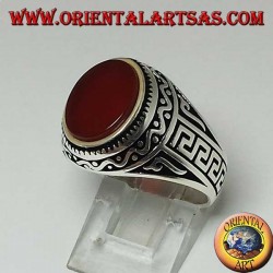 Silver ring with flat oval carnelian with Greek on the sides of the ring