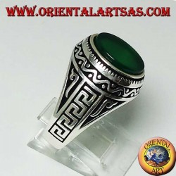Silver ring with flat oval green agate with Greek on the sides of the ring