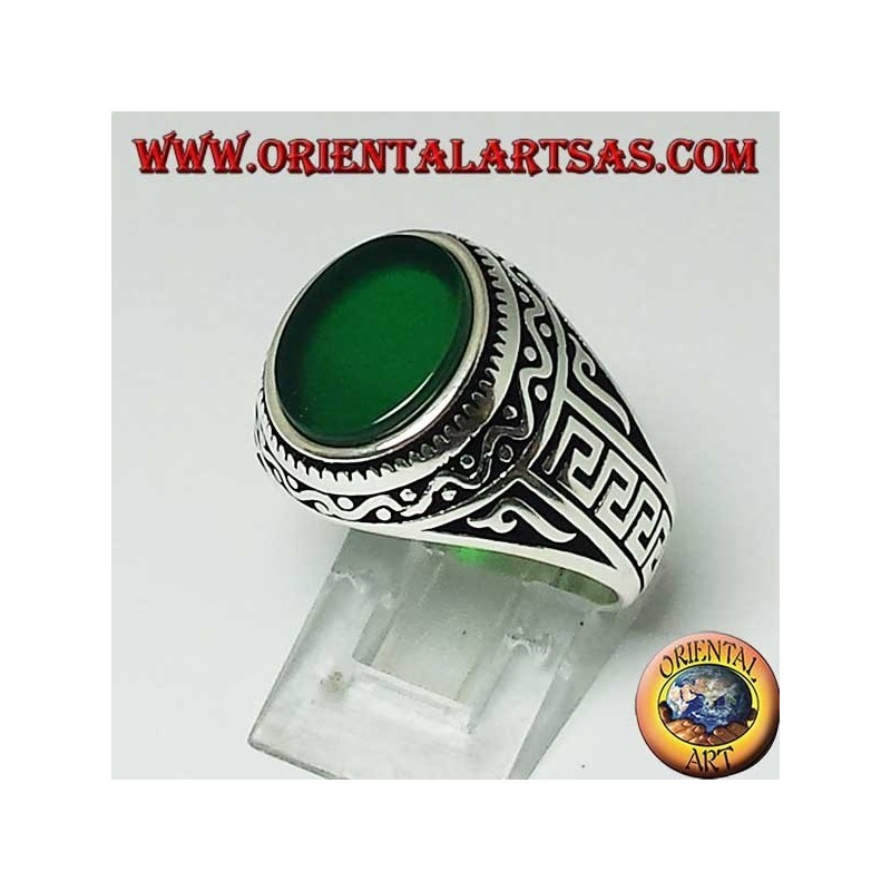 Silver ring with flat oval green agate with Greek on the sides of the ring