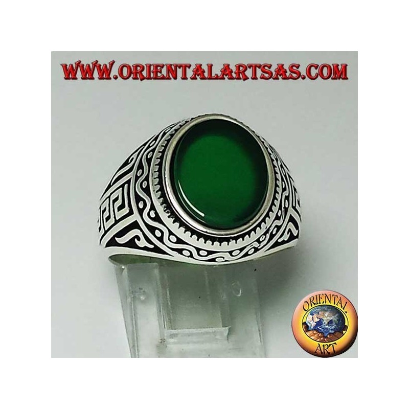 Silver ring with flat oval green agate with Greek on the sides of the ring
