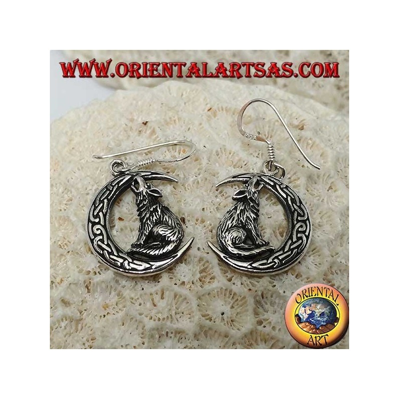 Boucles d'oreilles en argent, loup hurlant à la lune avec noeud celtique