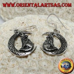 Boucles d'oreilles en argent, loup hurlant à la lune avec noeud celtique