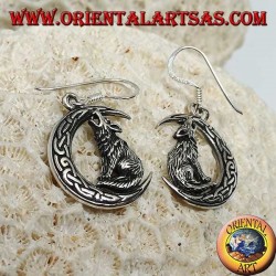 Boucles d'oreilles en argent, loup hurlant à la lune avec noeud celtique