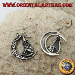 Silver earrings, wolf howling at the moon with Celtic knot