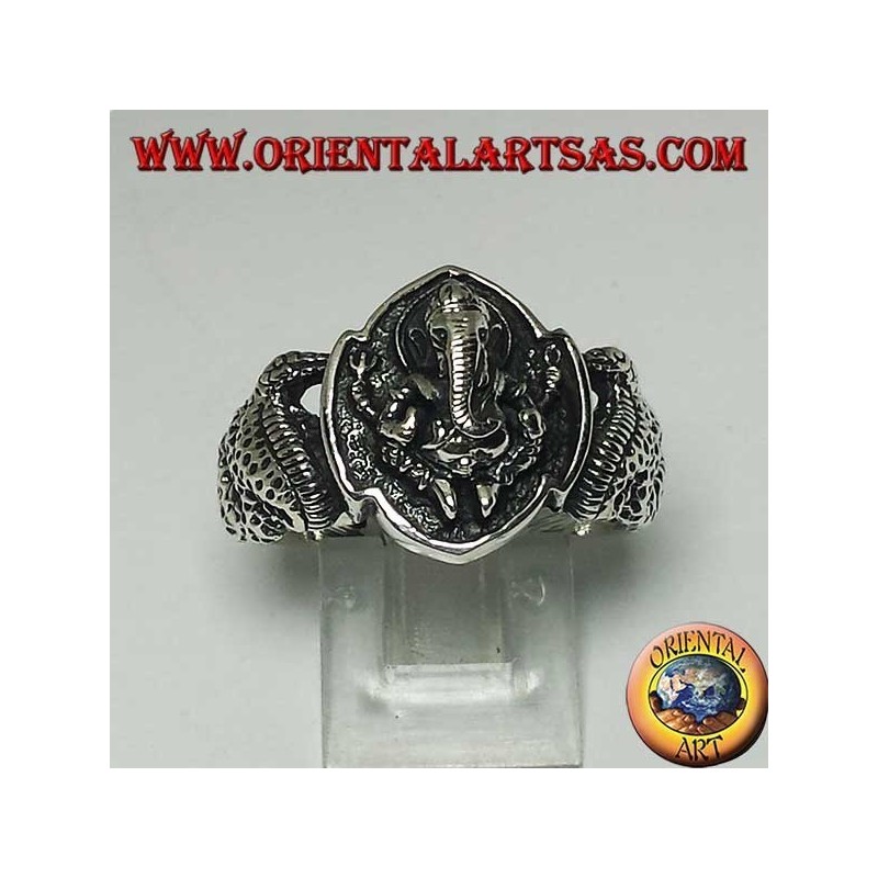 Silver ring from Ganesh sitting with cobra on both sides