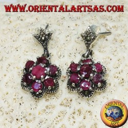 Silver pendent earrings with 7 natural round rubies set to form a flower and marcasite