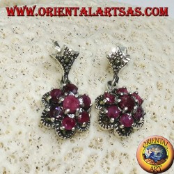 Silver pendent earrings with 7 natural round rubies set to form a flower and marcasite