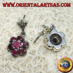 Silver pendent earrings with 7 natural round rubies set to form a flower and marcasite