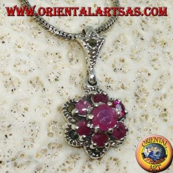 Silver pendant with 7 round natural rubies set to form a flower and marcasite