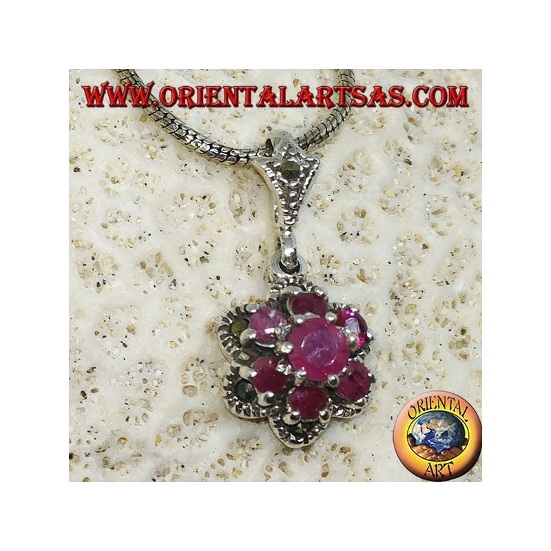 Silver pendant with 7 round natural rubies set to form a flower and marcasite