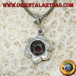 Silver pendant with 7 round natural rubies set to form a flower and marcasite