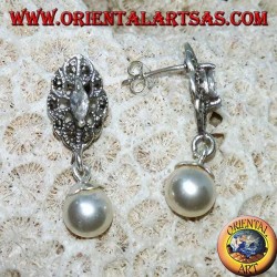 Silver lobe earrings with zircon, marcasite and pendant pearl