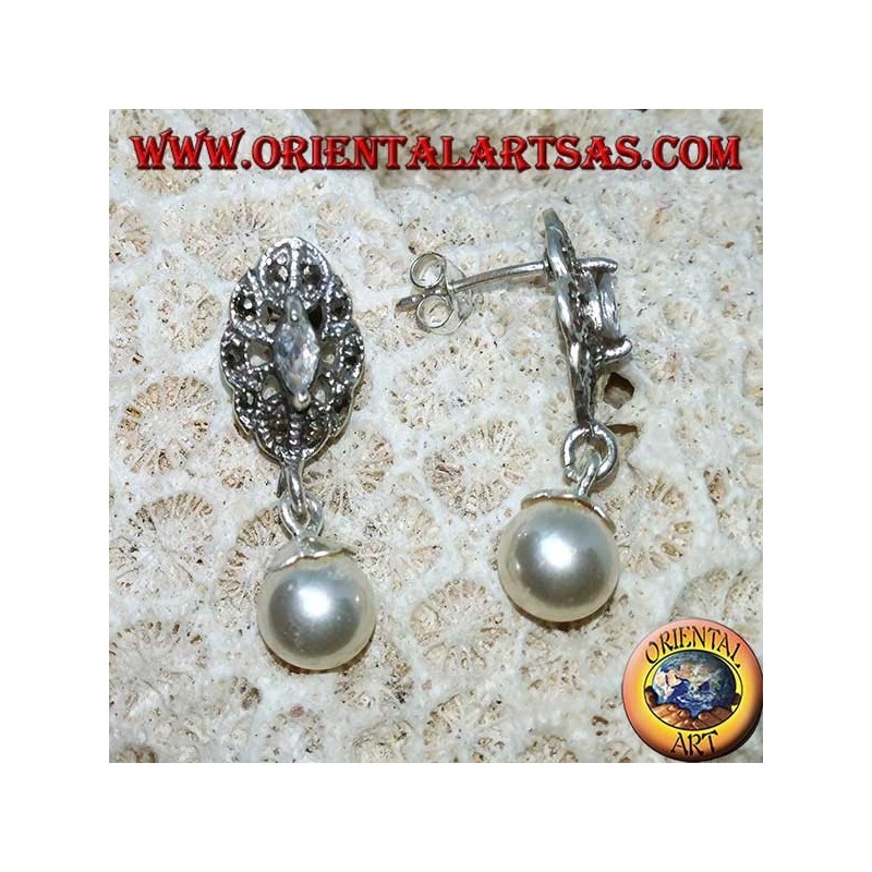 Silver lobe earrings with zircon, marcasite and pendant pearl