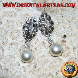 Boucles d'oreilles lobe en argent avec zircon, marcassite et pendentif perle