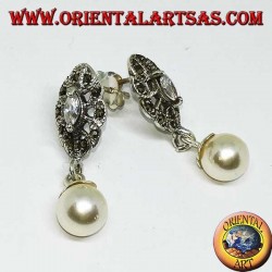 Pendientes lobulares de plata con circonita, marcasita y colgante de perla.