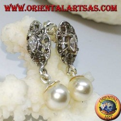 Pendientes lobulares de plata con circonita, marcasita y colgante de perla.