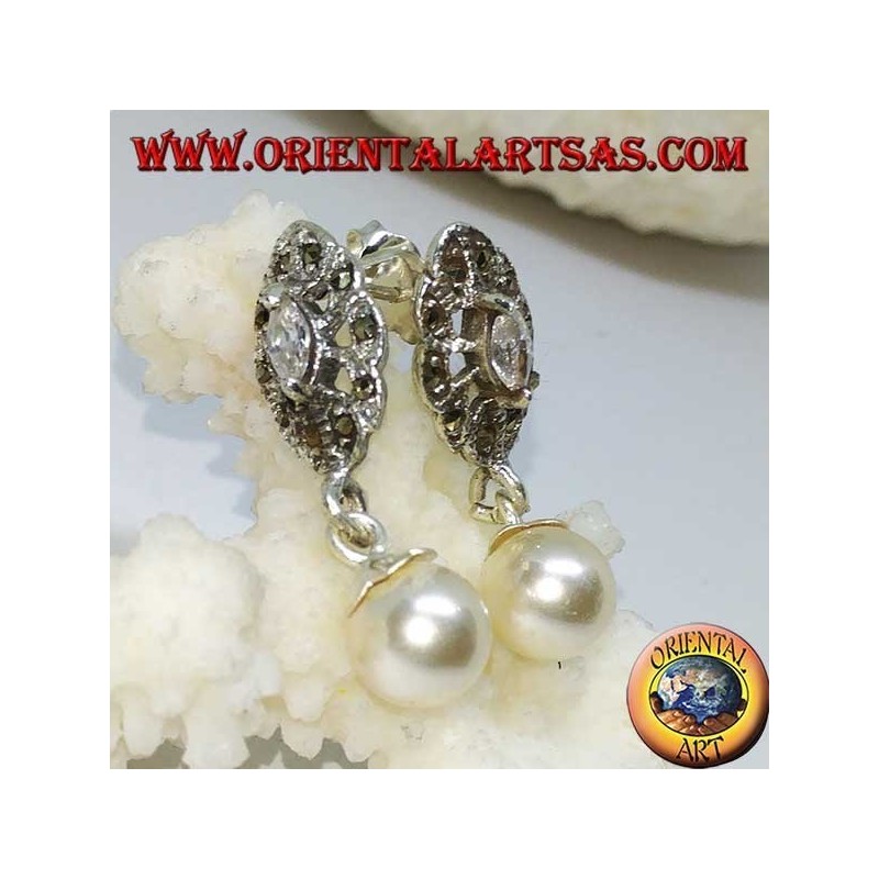 Pendientes lobulares de plata con circonita, marcasita y colgante de perla.