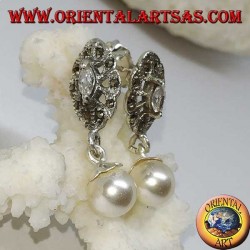 Pendientes lobulares de plata con circonita, marcasita y colgante de perla.