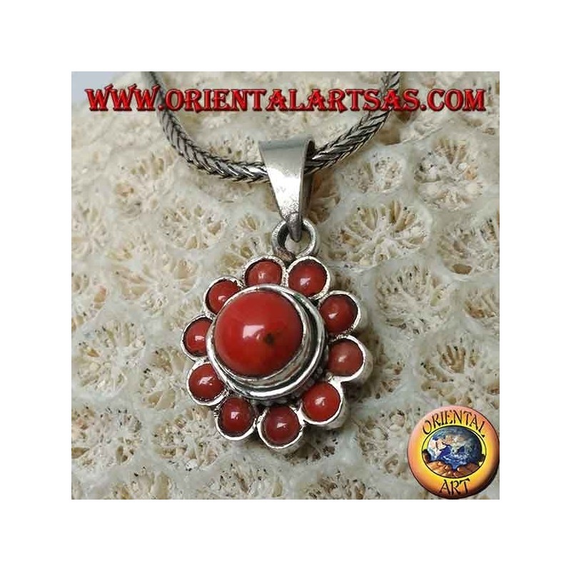 Pendentif en argent avec corail en forme de marguerite antique