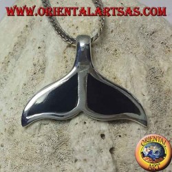 Silver pendant in the shape of a whale tail with flat onyx