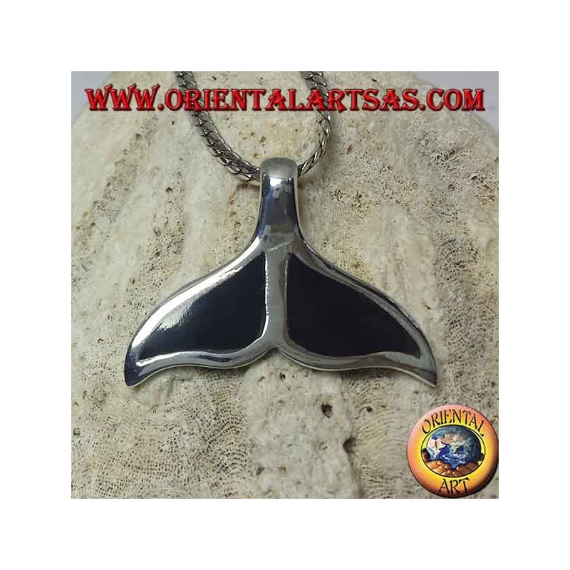 Silver pendant in the shape of a whale tail with flat onyx