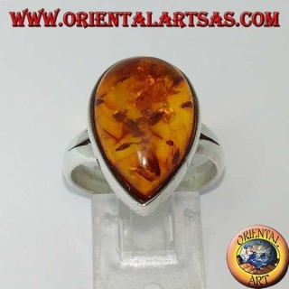 Anillo simple de plata con gota de ámbar