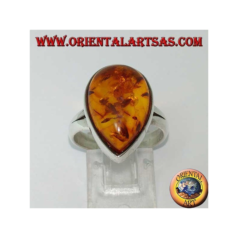 Bague simple en argent avec goutte d'ambre