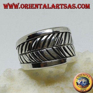 Band silver ring, adjustable leaf grooves