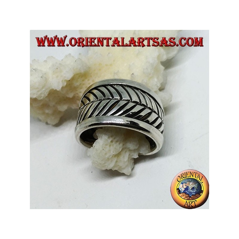 Band silver ring, adjustable leaf grooves