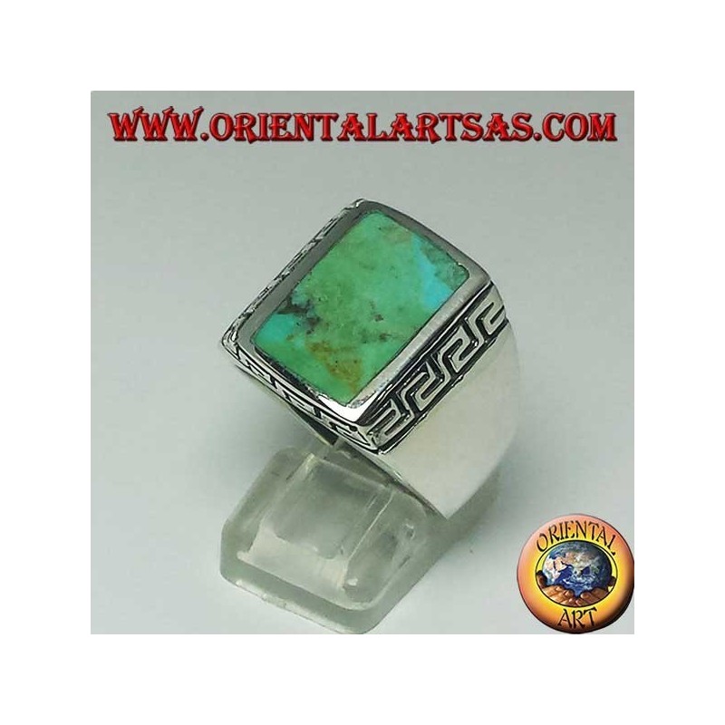 Silver ring with natural rectangular turquoise surrounded by a Greek engraving