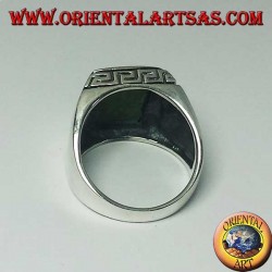 Silver ring with natural rectangular turquoise surrounded by a Greek engraving