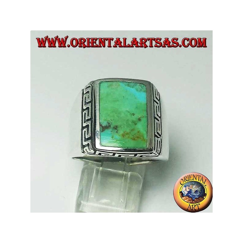 Silver ring with natural rectangular turquoise surrounded by a Greek engraving