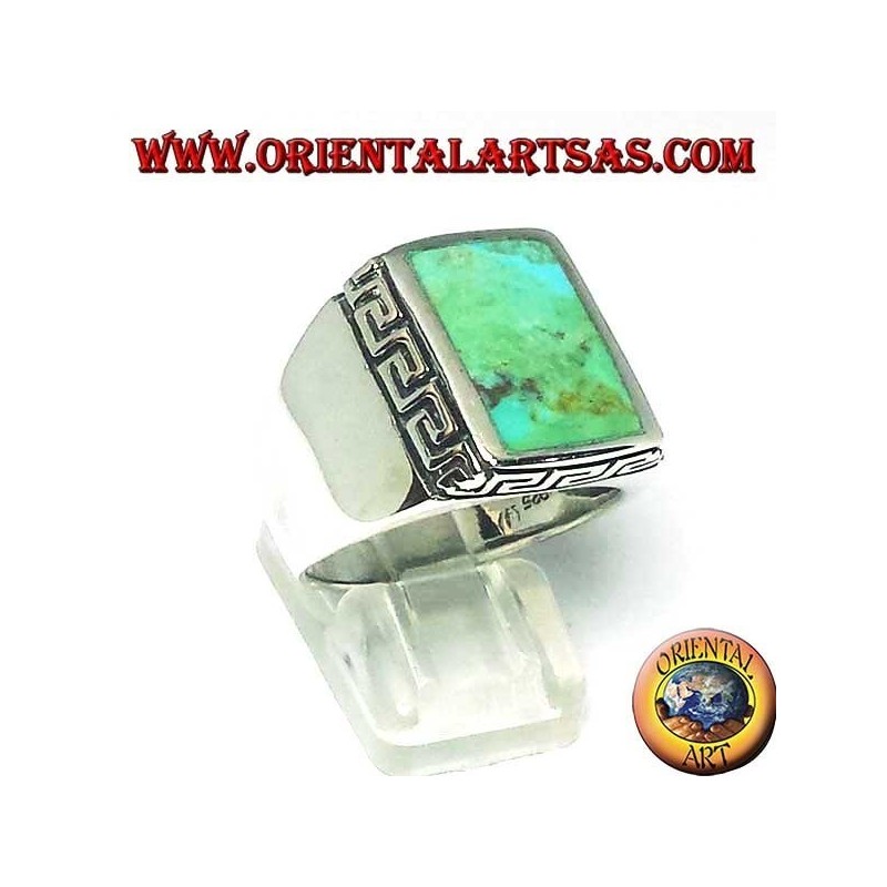 Silver ring with natural rectangular turquoise surrounded by a Greek engraving