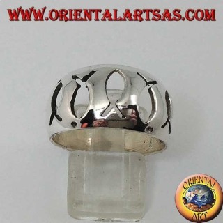Anello in argento  bombato con Ichthys (simbolo della cristianità) traforati