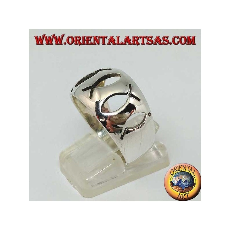 Rounded silver ring with openwork Ichthys (symbol of Christianity)