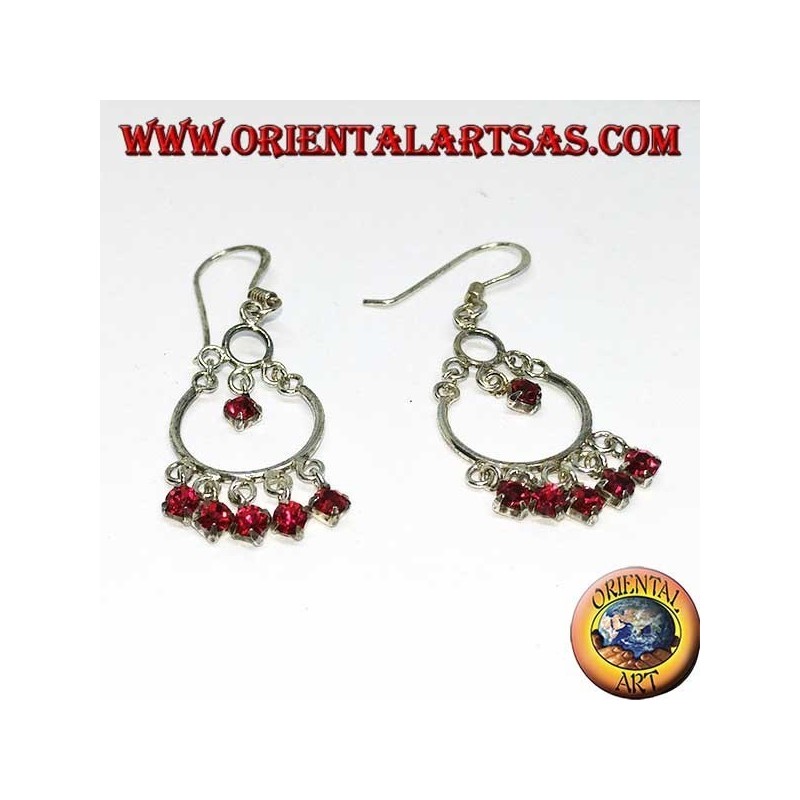 Pendientes de plata con 5 + 1 circonitas rojas pequeñas