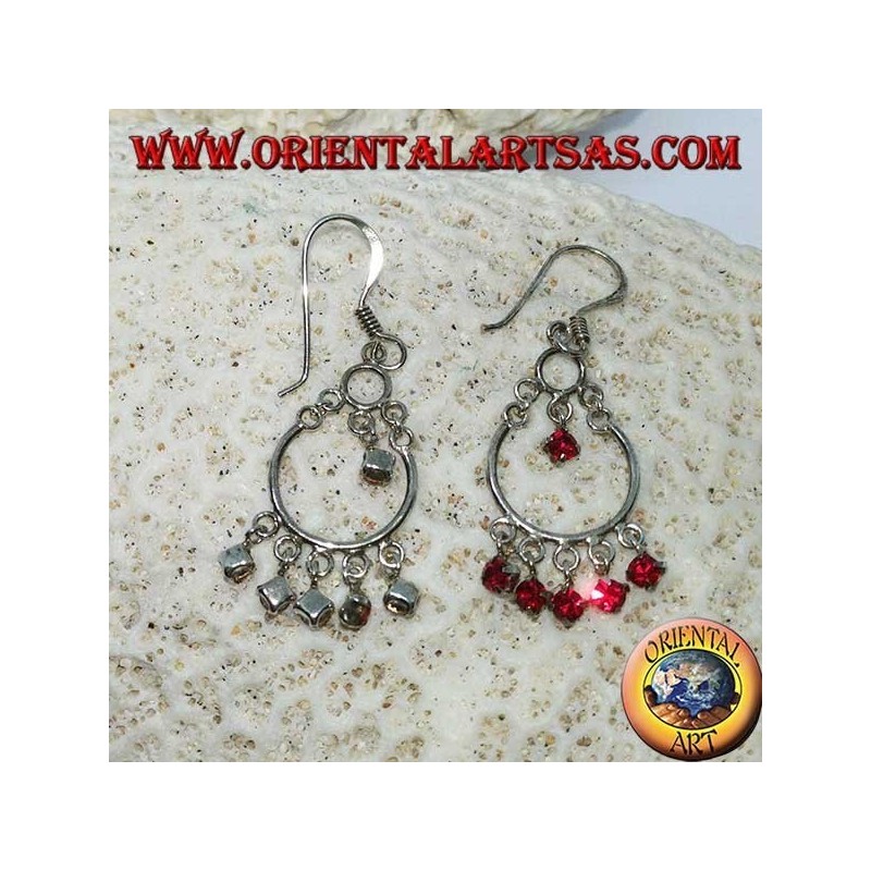 Silver earrings with 5 + 1 small red zircons