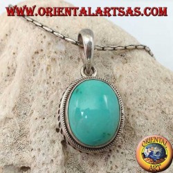 Silver pendant with oval natural turquoise and braided border