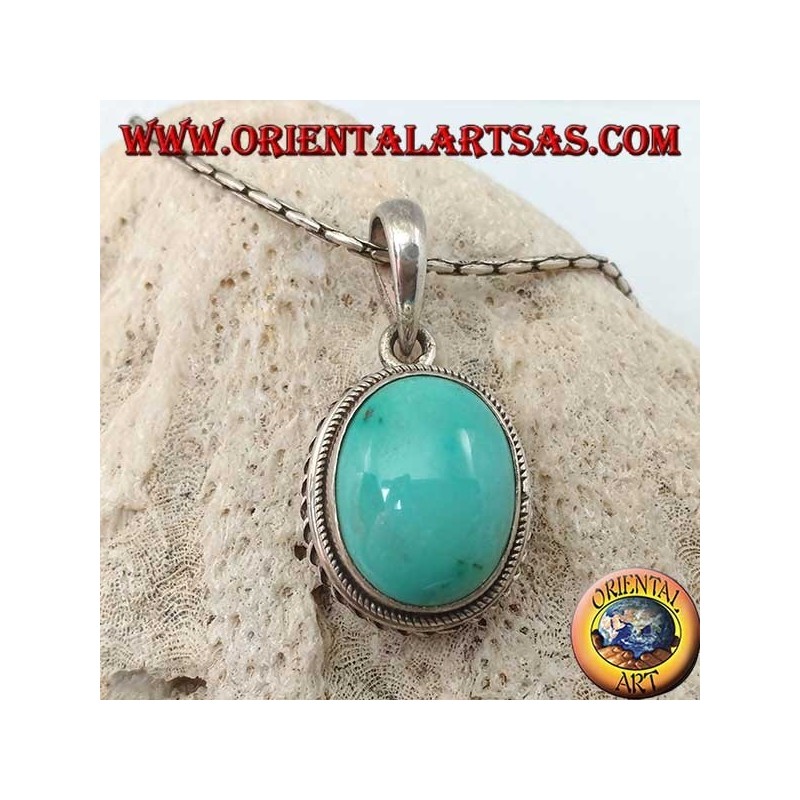 Silver pendant with oval natural turquoise and braided border
