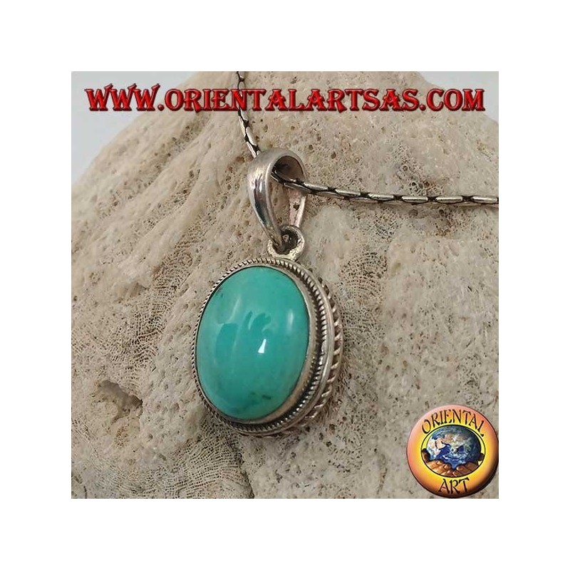 Ciondolo in argento con Turchese naturale ovale e bordo intrecciato