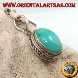 Silver pendant with oval natural turquoise and braided border