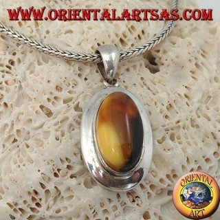 Silver pendant with oval natural Tibetan amber