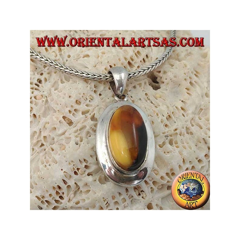Pendentif en argent avec ambre tibétain naturel ovale