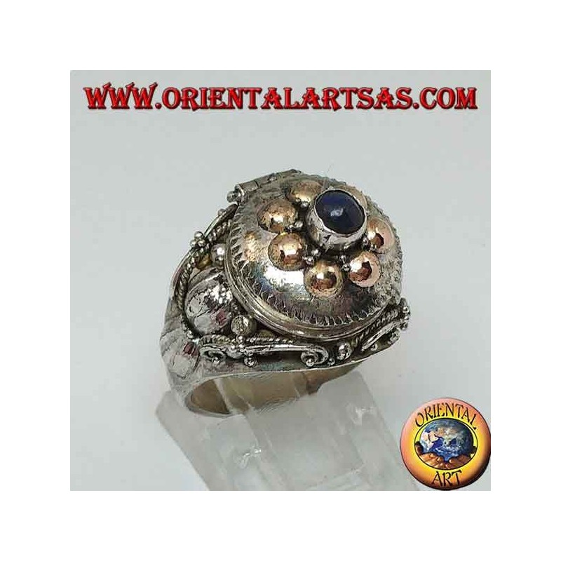 Silver ring with poison box with gold and lapis lazuli balls
