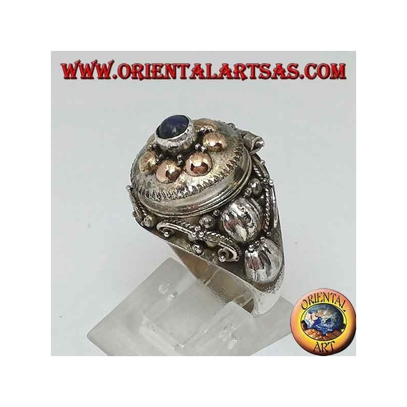 Silver ring with poison box with gold and lapis lazuli balls