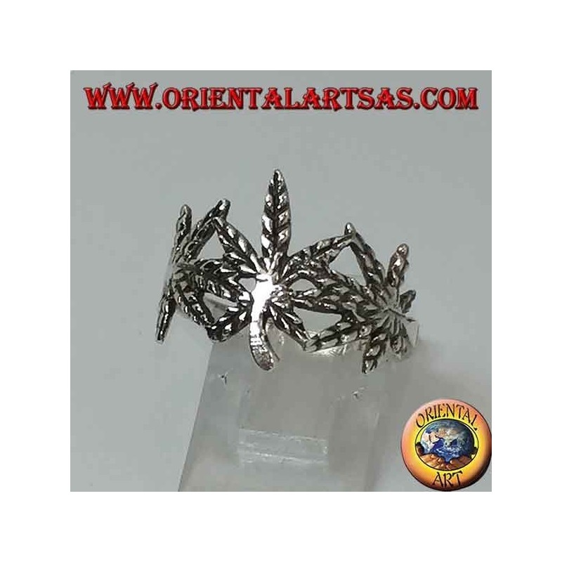 Bague en argent avec 3 feuilles de marijuana sculptées