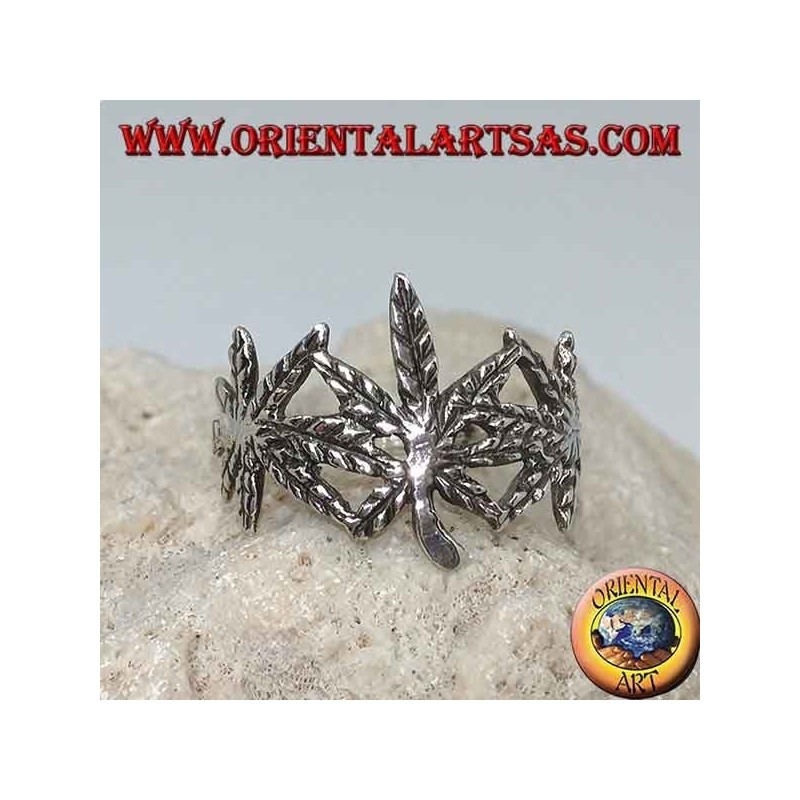 Anello Argento 925 3 Foglie Marijuana Intagliate 3D Fatto a Mano